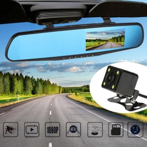 4'' 1080P 120° HD Dual Lens Durable Car DVR Camera Monitor Dash Cam Recorder Reverse Mirror 500W Pixels Blue Screen