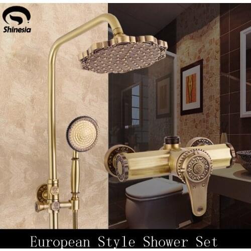 Shinesia Antique Brass Bathroom Shower Set Faucet With Commodity Shelf Hangers Rainfall Head Wall Mounted Bath Mixer Tap