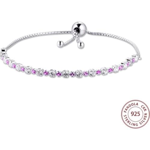 Authentic 925 Sterling Silver Pink & Clear Sparkling Slider Bracelets for Women Fashion Jewelry Gift Argent Bijoux Femme