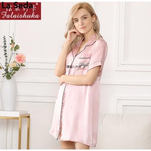 Elegance pink 100% genuine silk nightshirts women Sexy pure silk sleep dress short sleeve ladies pyjamas women sleepwear S5639