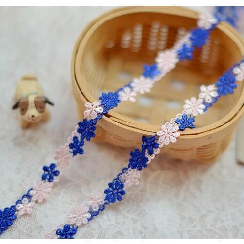 Hot New 3 Meters Blue with Pink Small Flower Lace Trim Venice Lace Ribbon 1.5cm Width