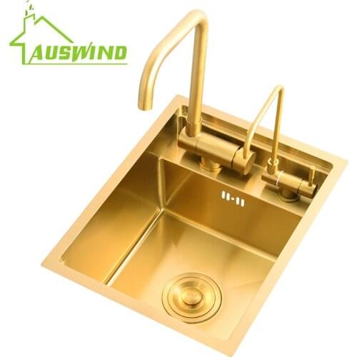 Brushed Gold Hidden Kitchen Sink Small Size Single Bowl for Bar Balcony Sink Concealed Kitchen Sink Stainless Steel