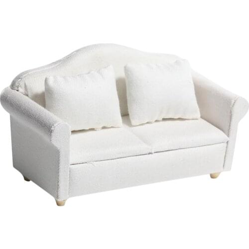 Pure White 1:12 Scale Mini Wooden Sofa Love Seat Dollhouse Miniatures Furniture Model w/ Cushion Living Room Decoration