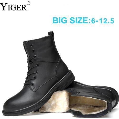 YIGER New Men Military boots male snow boots winter cow leather Army boots casual high-top cotton plus fur boots non-slip