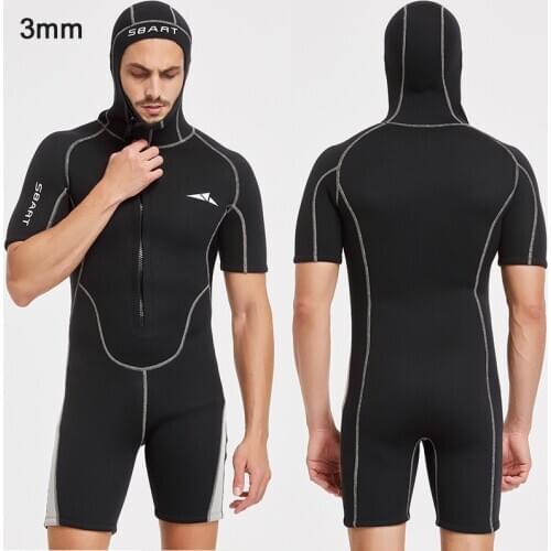 Mens 3mm Shorty Wetsuit Diving Suit Short Sleeve Front Zip One-piece with Hood for Dive Snorkel Surf Swim Warm Swimsuit Hoodie