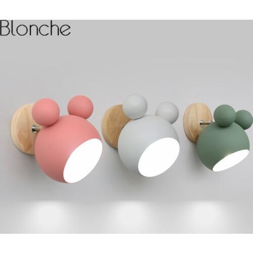 Nordic Mickey Wall Lamp Bedroom Modern Wood LED Wall Sconce Light Fixtures for Childrens Room Kitchen Home Loft Decor Luminaire