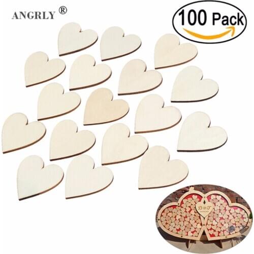 ANGRLY 100pcs 40mm Blank Heart Wood Slices Discs Wood Heart Love Blank Unfinished Natural Crafts Supplies Wedding Ornaments