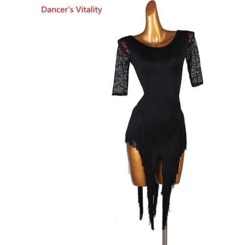 Latin Dance Female Child Adult Elegant Lace Dress Half Sleeve Practice Clothes High-end Custom Fashion Tassel Performance Skirt