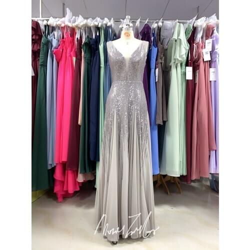 Grey chiffon Long Evening Dress 2021 V-neck Pleats Sequins different color True picture luckgirls prom dress mocini tailor