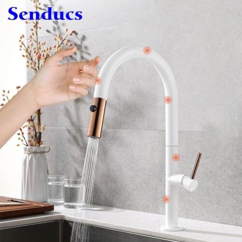 Smart Touch Kitchen Faucets White Rose Gold Pull Down Kitchen Mixer Faucet Luxury Smart Sensor Touch Kitchen Mixer Faucets