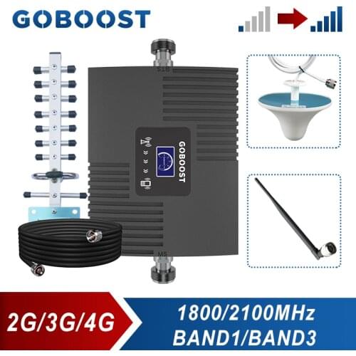 GOBOOST 3G 4G Cell Phone Singal Booster UMTS 2100 Cellulalr Amplifier LTE 1800 Mhz Repeater With Yagi Ceiling Antenna 10M Cable