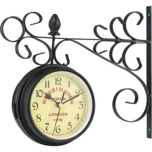 Vintage Decorative Double Sided Metal Wall Clock Antique Style Station Wall Clock Wall Hanging Clock Garden Bar Decoration