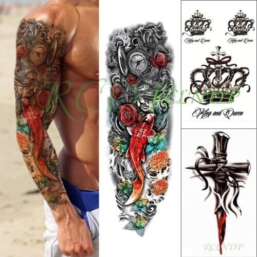 Waterproof Temporary Tattoo Stickers colorful fish full arm sleeve crown cross flower arm fake tatto flash tatoo for men women
