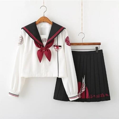 Embroidery Girls Japanese School Uniforms High School Sailor Suit Cosplay Costume Black Red Long Sleeve Pleated Skirt Anime