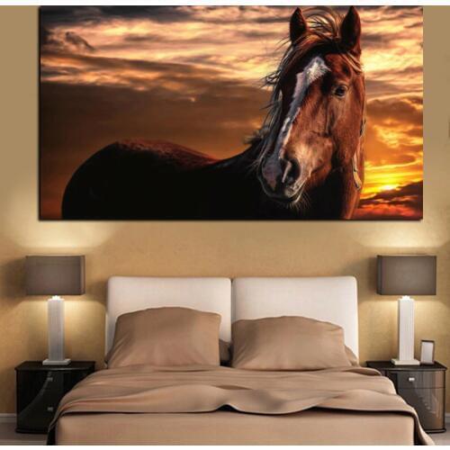 YWDECOR Brown Horse on Face Standing Sunset Landscape Animals Oil Painting HD Print on Canvas Posters Wall Picture Cuadros Decor