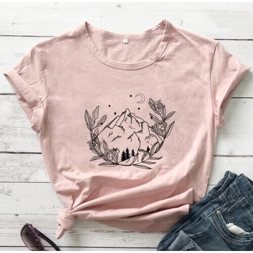 Floral Mountain Scene 100% Cotton T-shirt Aesthetic Summer Graphic Wanderlust Tshirt Women Vintage Adventure Camping Tee Top
