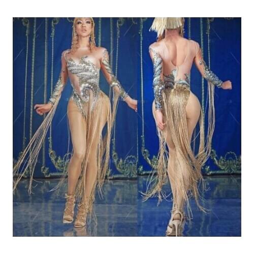 Female singer Dj Ds gogo costume Nightclub bar catwalk Latin dance tassel diamond jumpsuit