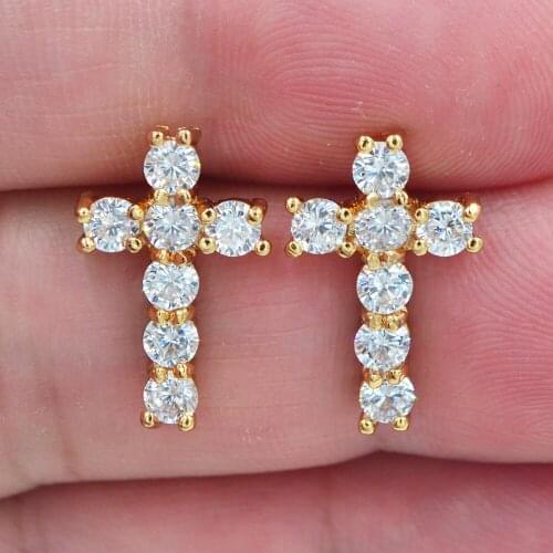 Fashion Jewelry Gold Color Clear Zircon CZ Stone Religious Cross Stud Earrings for Women
