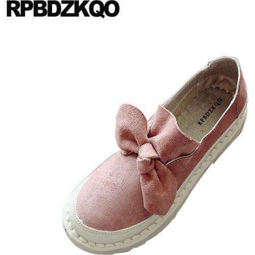 Comfortable big bow slip on latest round toe pink ladies suede beautiful kawaii china women flats shoes with little cute bowtie