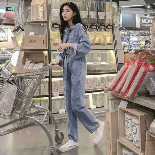 2020 Women Autumn High Waist Streetwear Jeans Jumpsuit Ladies Denim Romper Female Long Sleeve Single Breasted BF Overalls X37
