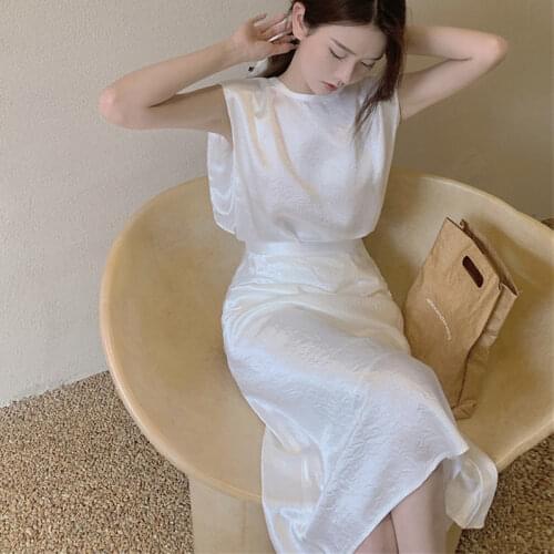 Fashion Women Elegant Vintage Casual Loose Satin Shrug Sleeveless Top Shirt Blouse Package Hips Mermaid Long Skirt 2 Pieces Set