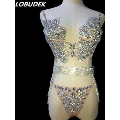 Female glass Diamond Bikini Model catwalk costumes Nightclub Bar Singer DJ Costume Sexy Bra sets pole dancing performance outfit