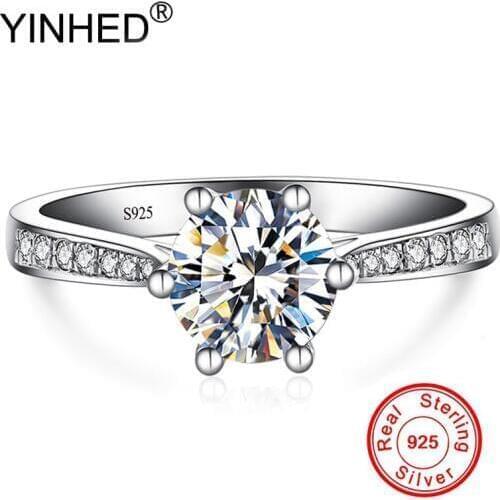 YINHED Original 1 ct 6mm CZ Zircon Luxury Ring 925 Sterling Silver Fine Jewelry Bride Engagement Wedding Rings for Women JZ010