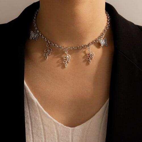 Fashion Hollow Leaf Butterfly Choker Necklace for Women Retro Silver Color Vintage trend Neck Chain Tassel Collar Female Collier