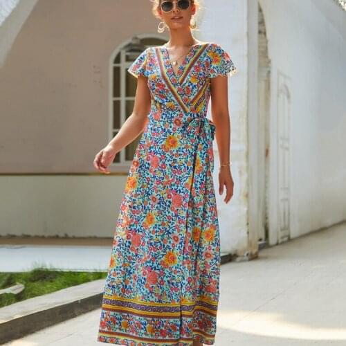 Summer Dress 2021 Floral Printing Long Dresses For Women V-Neck Short Sleeve Ruffle Bohemia Female Leisure Robe Women Clothing