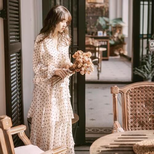 Women Long Lantern Sleeve V Neck Ladies Dresses Autumn Cascading Ruffle Dot Chiffon Dress High-end Elegant Evening Party Dress
