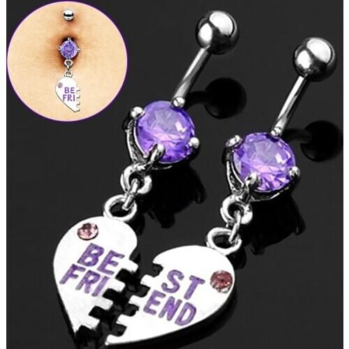 1 pair New Heart Dangle Navel Belly Button Ring Piercing Purple Tone Set of Best Friend EIG88