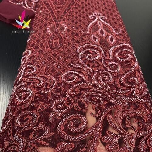 2020 Luxury African Handmade Lace Materials Fashion Tissu Red French Mesh Lace Fabric for Bridal Beaded Lace Fabrics XZ2896B-3