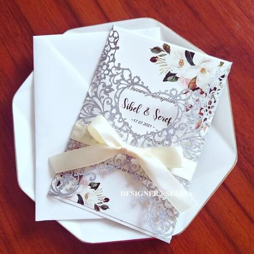 50pc Silver Glitter Sweetheart Wedding Invitation With Ribbon And Envelope DIY Printing Laser Cut Cards For Anniversary Party