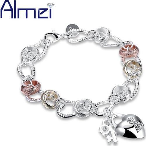 Almei 5%Off Heart Female Bracelets & Bangles Silver Color Jewelry Stone Zircon Bijoux Pulsera For Women Alibaba-Express H233