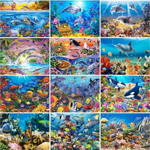 AZQSD Full Square/round Drill Diamond Embroidery Dolphin Fish Mosaic Needlework Diamond Painting Animals Cross Stitch Home Decor