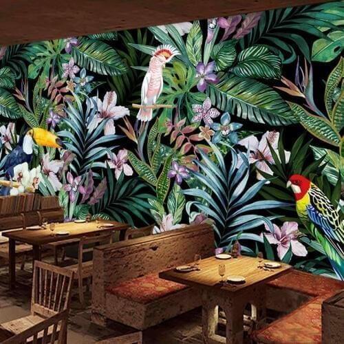 Beibehang Custom watercolor flowers and birds wallpaper 3d tropical rain forest oil painting restaurant TV background wall paper