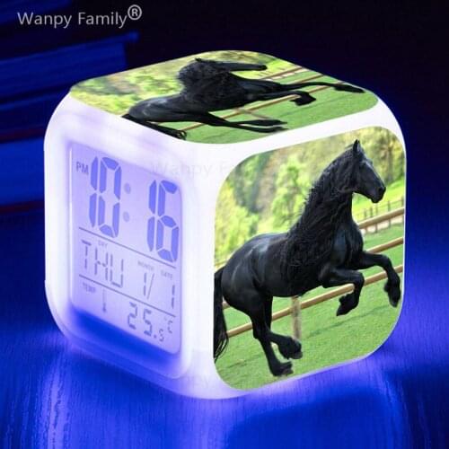 Very nice Horse alarm clocks 7 color glowing LED digital watches clock multifunctional luminous clock for kids birthday gift