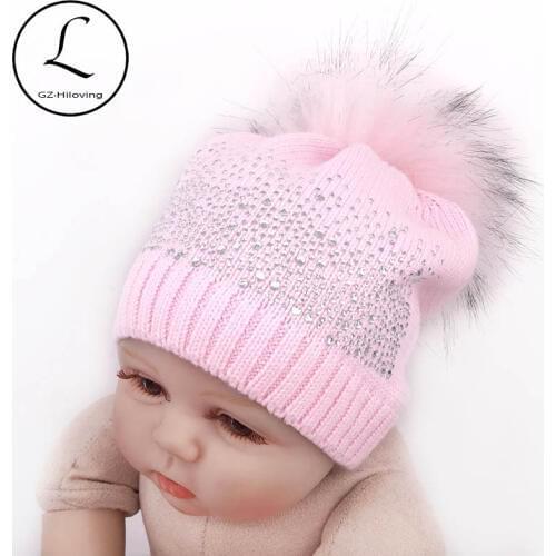 Newborn Baby Girls Rhinestones Cotton Knitted Beanies hats and Caps Kids Childs Toddler Faux Fur Pompom Hats Girls Skullies hats