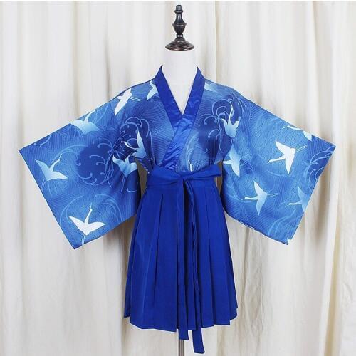 Japanese Kimono Yukata Version Blue Crane Outwear Tops+ BluePleated Skirt 2PC Womens Set