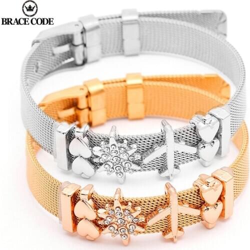 BRACE CODE Stainless Steel Mesh Bracelet Set Gold Love Heart Charm Brand Bracelet Bangle Woman Lover Jewelry Gift Dropshipping