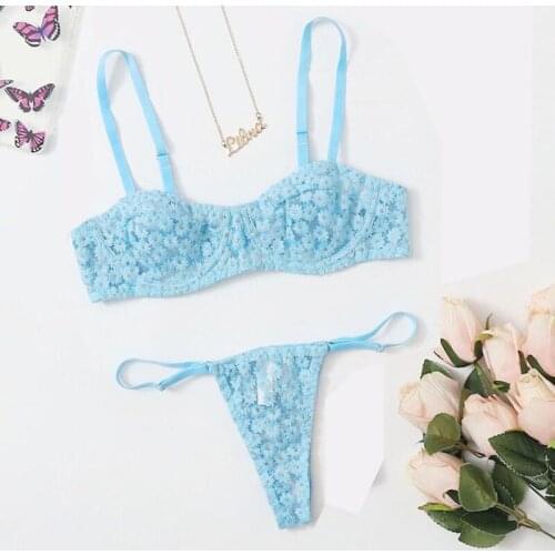 Best Selling Womens Gather Lingerie Underwear Adjustable Sexy See Through Flower Embroidery Erotic Lingerie 2 Pieces Set