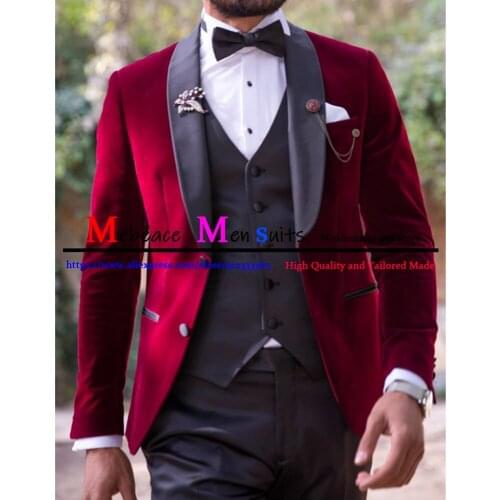 Royal Burgundy Velvet 3 Pieces Regular Fit Blazer Men Suits for Groom Wear Custom Made Round Lapel Groomsman Prom Tuxedos 2021