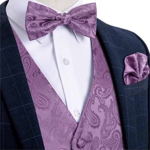 Mens Purple Paisley Fashion Wedding Men Silk Waistcoat Vest Bowties Hanky Cufflinks Cravat Set for Suit Tuxedo DiBanGu MJ-111