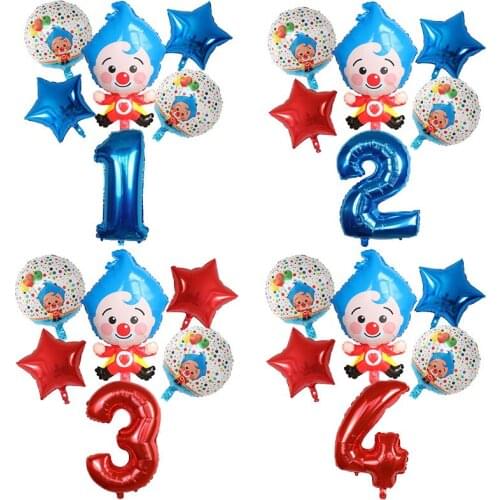 6pcs Cartoon Clown Plim Foil Balloons Set Red Blue 30inch Number Globos Children Happy Birthday Party Decorations Kids Toys Gift