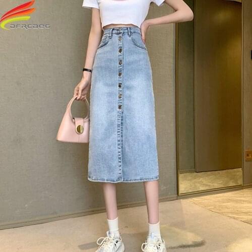 New 2021 Summer Denim Skirt Women High Waist Single Button Pockets A Line Blue Slit Skirt Streetwear Jupe Jean femme Hot Sale
