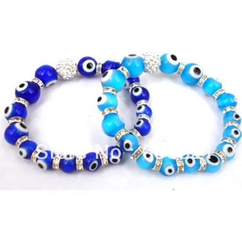 New fashion Free shipping Dark Bule and Lake bule eye glass beas Crystal Disco Ball evil eye bracelet