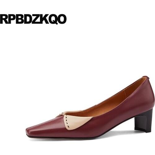 Genuine Leather Novelty Pumps Medium Heels Party Shoes For Women Multi Colored Size 33 Block Square Toe Unique Strange 2021 High