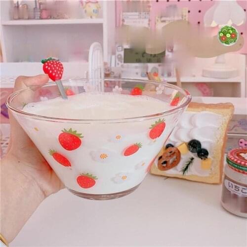 Nordic Style Strawberry Printed Transparent Glass Salad Bowl With Spoon Student Dessert Yogurt Oatmeal Cute Breakfast bowl 900ml
