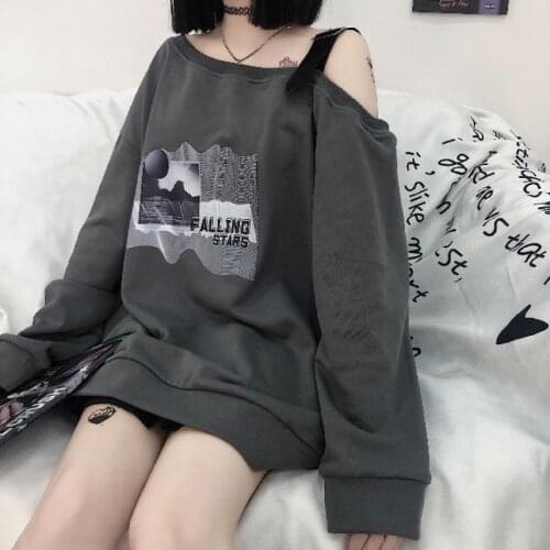 QWEEK Gothic Hoodie Women Mall Goth Y2k Grunge Sweatshirt Sexy Off Shoulder Graphic Pullover Korean Style E Girl Alt Clothes