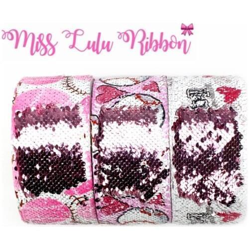 3"75mm Sports Series Love Softball Red Heart Double Reversible Pink Sequin Ribbon Hair Bow Making DIY Party Decor 46yards